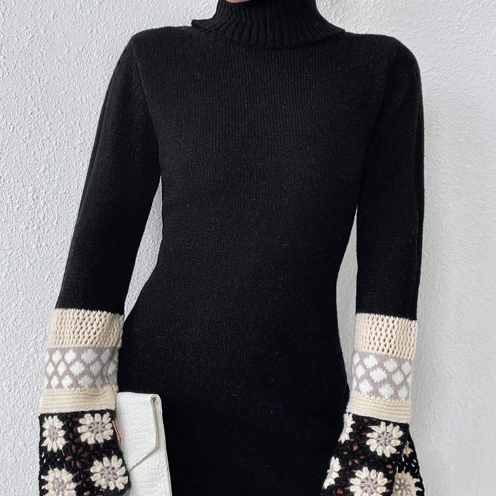 Black Preppy Womens Floral Crochet Turtle Neck Trumpet Sleeve Sweater Dress - Picture 2 of 5